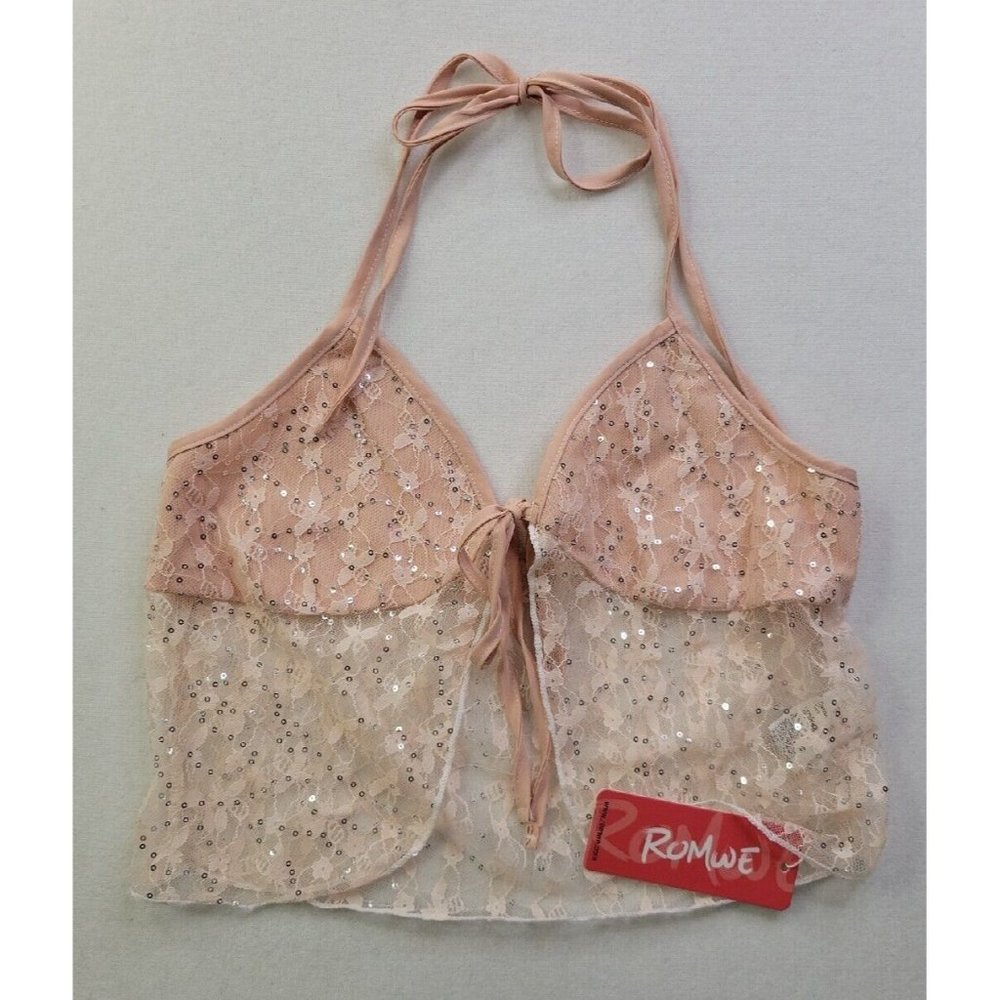 NEW Romwe Women's S (4) Blush Halter Triangle Top Sheer Lace Sequins Overlay NWT
